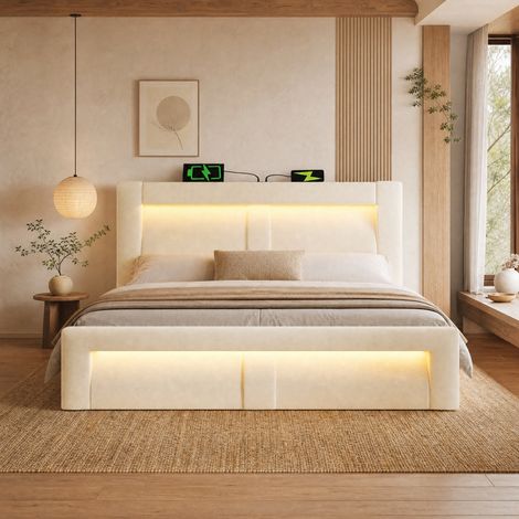 Letto contenitore matrimoniale 140x200 cm, con LED, USB e Type-C, in velluto beige, senza materasso (1/5)