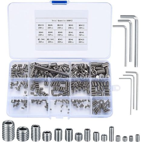 Kit de 300 vis sans tête hexagonales M2.5/M3/M4/M5/M6/M8 – Acier allié résistant à la corrosion – Avec 5 clés Allen – Pour poignées de porte (1/5)