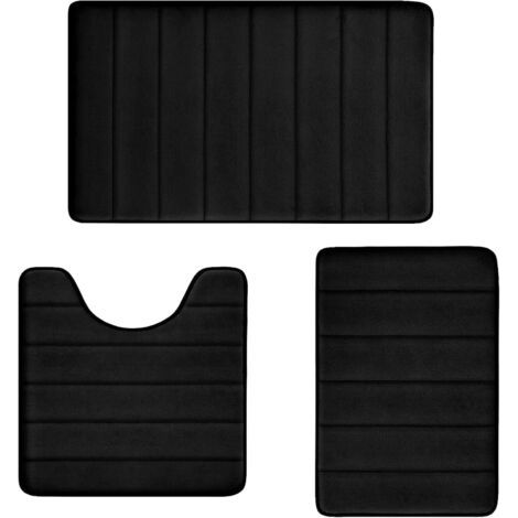 Tapis de bain en mousse à mémoire de forme, noirs, lot de 3, doux, très absorbants, antidérapants, lavables en machine. (1/5)