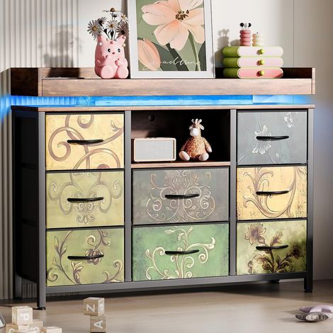 Stoffkommode mit 8 Schubladen, Metallrahmen, LED & USB, Vintage-Design (1/5)