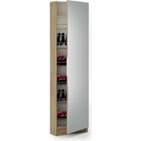Pegane – Armoire à chaussures colonne chêne brossé/blanc perle avec miroir – 6 compartiments pour 12 paires – Dimensions L50 x P20 x H180,5 cm