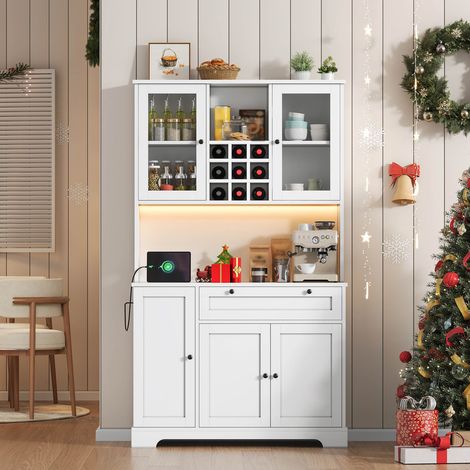 Armoire de cuisine haute, armoire haute - éclairage LED, prise, étagères réglables, rangement épices - MDF - blanc - 180x105x40cm (1/5)