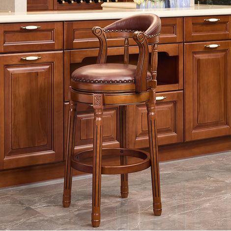 Barstuhl drehbar mit Rückenlehne Echtleder Holz Braun OKMYHOME (1/5)