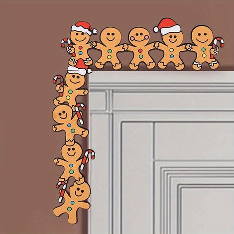 Panneau De Coin De Porte De Noël - Hommes En Pain D'Épices Avec Chapeaux De Père Noël Et Sucettes - Cadre En Bois - Décoration Intérieure Et Extérieure - 1 Pièce (1/3)