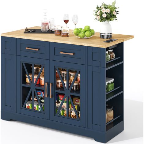 Îlot de cuisine portable 120cm avec table pliante, rangement ouvert, prise secteur/USB, porte verre, roulettes freins, idéal cuisine/salon/salle à manger (1/5)