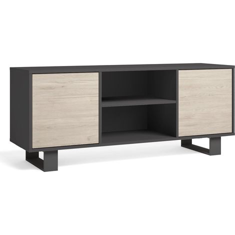 Skraut Home - Meuble TV 140 avec 2 portes, salon, Modèle WIND, couleur structure Gris Anthracite, couleur portes Chêne, mesures 137x40x57cm de hauteur. (1/4)
