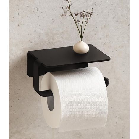 Toilet Paper Holder Wall Mounted Toilet Paper Holder Shelf Adhesive Toilet Roll Holder Metal Bathroom Roll Holder Black (1/5)