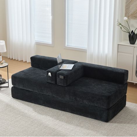 Sofá modular 198/79/60 cm de chenilla negra con bolsillos laterales y base antideslizante (1/5)