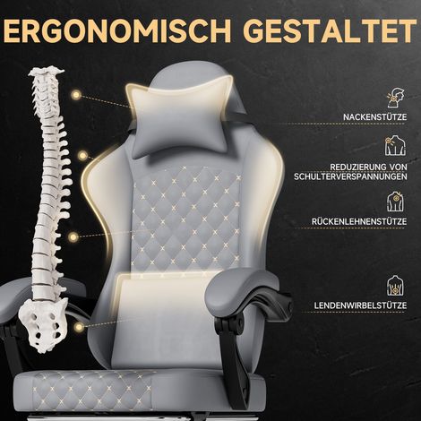 Fauteuil Gaming en Cuir PVC, Siège de Gamer Ergonomique avec Repose-Pieds, Chaise de Bureau Massante pour PC, Capacité 150 kg, Gris (1/5)
