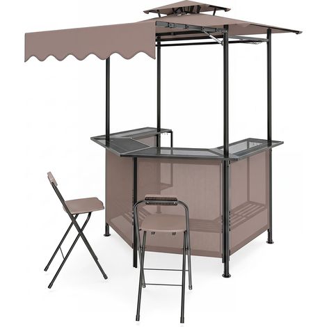 Tonnelle de Barbecue Extérieure, Ensemble de Bar de Jardin 3 Pcs, Table de Bar avec 2 Tabourets, Auvent d’Ombrage, Double Toit, Porte-verres, Marron (1/5)