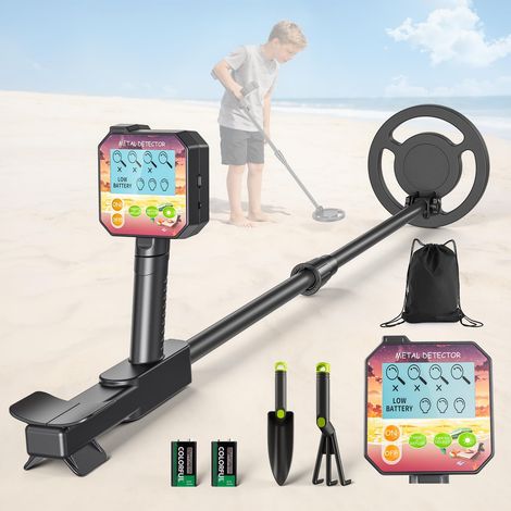 Detecteur Metaux Enfant, Detecteur de Metaux Enfant avec Tige Réglable, 2 Modes, écran LCD, Bobine de Recherche étanche, Sensibilité Détecteurs de Métaux pour Enfants avec Sac Pelle Râteau (1/5)