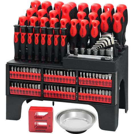 Jeu Tournevis 118 Pièces Rouge CR-V 60 Embouts+8 Précision+6 Douilles+Clé Allen+Manche Cliquet+Aimant+Boîte Rangement Mural (1/5)