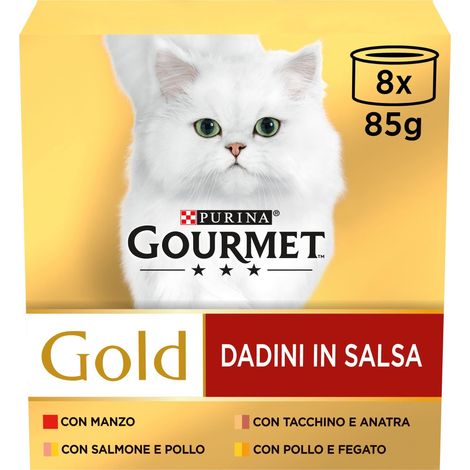 Purina Gourmet Gold Dadini in Salsa Umido Gatto con Manzo, Tacchino e Anatra, Salmone e Pollo, Fegato e Pollo, 96 lattine da 85g (1/5)