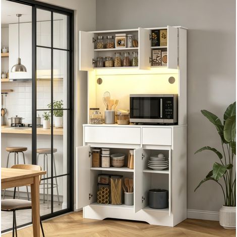 Buffet de cuisine haut avec plan de travail, 6 portes, 2 tiroirs et éclairage RGB LED blanc HAVRYA (1/5)