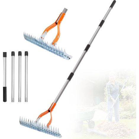 Râteau de scarificateur avec manche de 170 cm, en métal, amovible, râteau de scarification réglable, râteau de scarificateur pour pelouse, cour, jardin (1/5)