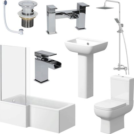 L Shaped Bathroom Suite LH Bath Screen Shower Basin Toilet Tap (1/5)