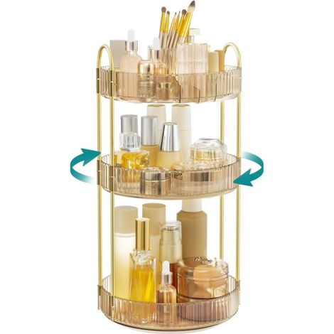 Organisateur Maquillage Rotatif, Rangement Maquillage, 3 Niveaux, Séparable, Rangement de Bijoux pour Toilette, Idée Cadeau, Doré Champagne