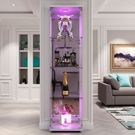 Vitrina de vidrio, con LED, 4 estantes, espejo, armario de presentación para salón, vitrina para colección, 164 x 42 x 36cm, blanco