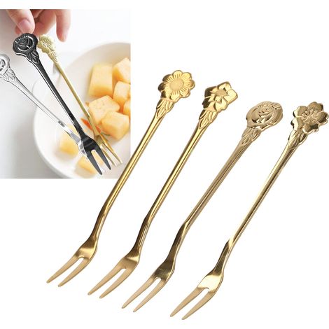 Ensemble de couverts en acier inoxydable 4 pièces, fourchette à dessert élégante et créative, fourchette à fruits à deux dents, fourchette à gâteau de lune, brochettes à fruits, doré. (1/5)