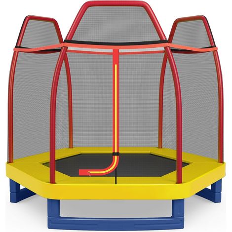 COSTWAY Cama Elástica 223 cm para Niños con Red de Seguridad y Almohadilla de Muelle, Trampolín para Interior y Exterior con Estructura en Acero Galvanizado, Carga Máxima 45 kg Rojo