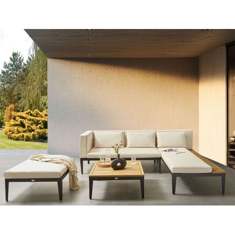 Conjunto de jardín 3 plazas de madera de acacia certificada sofá esquinero con mesa de centro y otomana cojines beige claro izquierdo Bracciano (1/5)