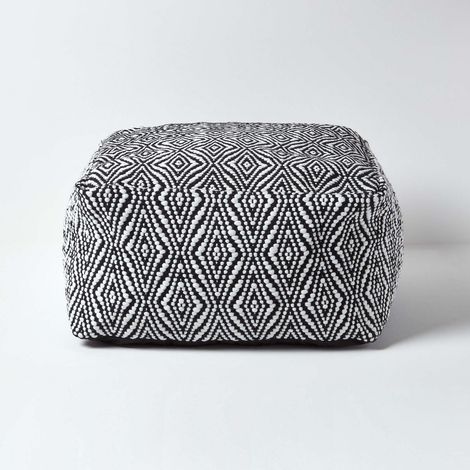 HOMESCAPES Trance Black and White Diamond Pattern Recycled Fibre Square Bean Filled Pouffe, 60 cm