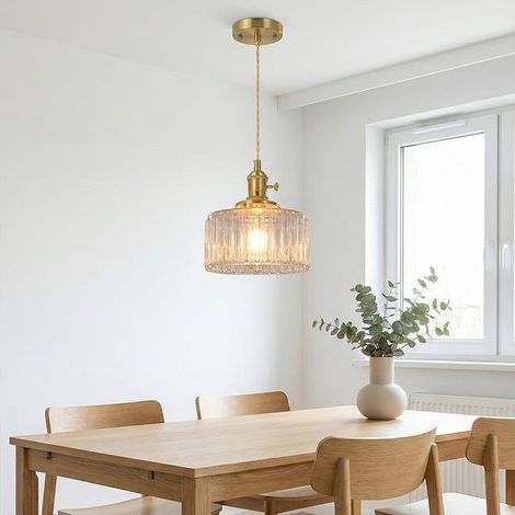 Suspension LED, plafonnier, lampe de chevet, abat-jour en verre, douille E27 en laiton avec interrupteur, suspension réglable en hauteur. (SKU produit : 73850219 SKU Offre : mwt2026.5.25-30) (1/5)