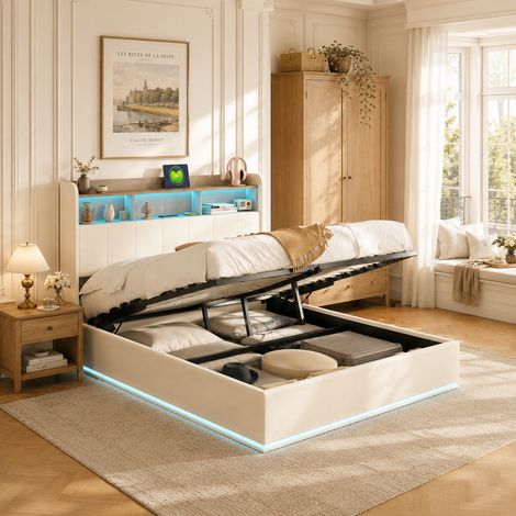 Lit double coffre 160 x 200 velour Beige - Tête de lit capitonnée avec rangement - Éclairage LED coloré - Ports USB et Type-C - Sommier à lattes (1/5)
