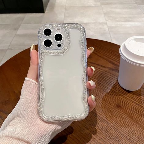 (iPhone 16, argent) Coque souple en silicone brillante et mignonne avec bords ondulés pour iPhone