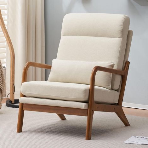 Fauteuil lounge style Mid-Century, assise confortable, cadre bois massif, crème (1/5)