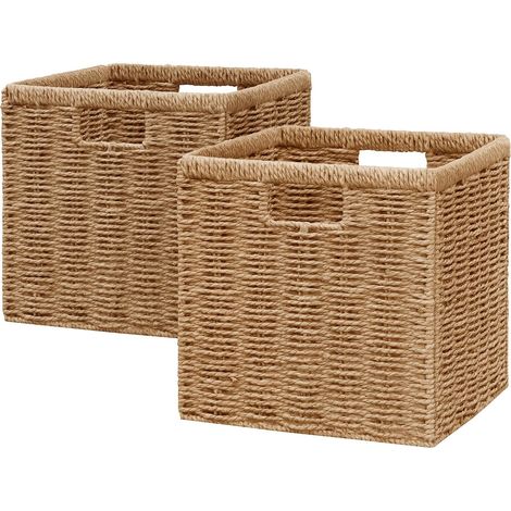 Lot de 2 paniers de rangement en rotin, 24x24x24cm, corbeilles pliables décoratives pour vêtements, accessoires et intérieur-Camel (1/5)