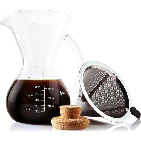 ensemble cafetière pour-over avec mesure à café et bouchon en liège – Cafetière goutte-à-goutte élégante avec verseuse en verre et filtre permanent en acier inoxydable (800 ml) (1/5)