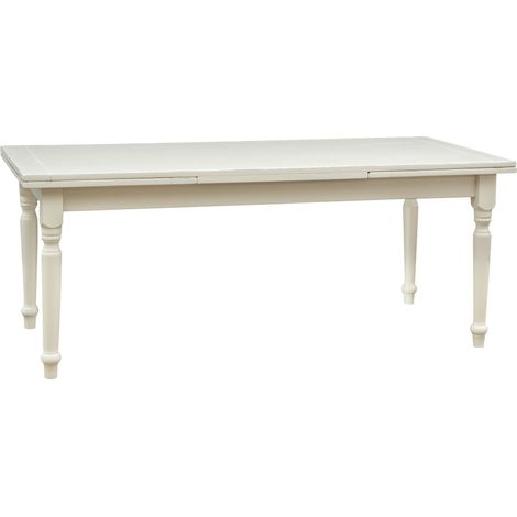 Ausziehtisch im Country-Stil aus massivem Lindenholz mit antikiertem weißem Finish 200x90x80 cm.