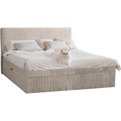 Boxspringbett mit bettkasten und topper TRENTO, ohne Bein stoff Plüsch Cord 160x200 cm Ecru (1/4)