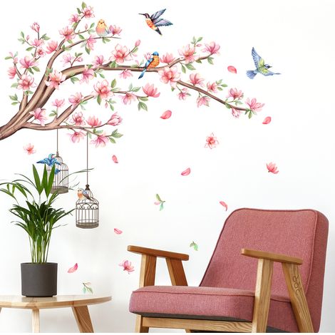 Autocollants muraux style chinois motif arbre floral rose et oiseaux volants - Autocollants muraux pour chambre à coucher