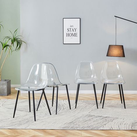 Lot 4 chaises plastique transparent – Pieds métal noir – Stables – Modernes – Salle à manger/Bureau (1/5)