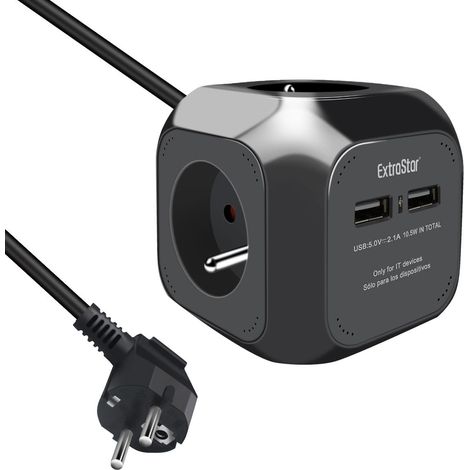 Multiprise USB Cube, Bloc Multiprises avec 4 Prises et 2 Ports USB, Chargeur USB Multiple, Multiprise Electrique pour Bureau, Maison, Peut être installé au Mur, sur la Table, 1,5 m, Noir (1/5)