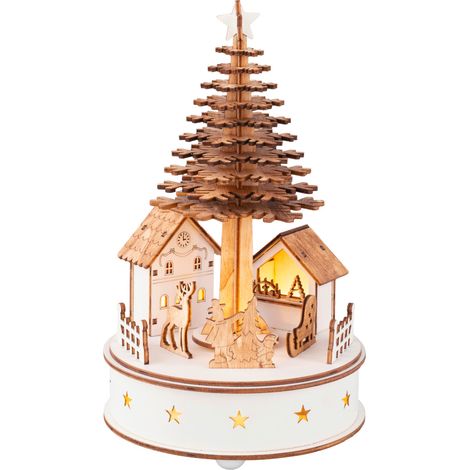 Lumineo Batterie LED Weihnachts-Szene Nostalgie Natur & Weiß großer Baum Bewegung & Musik Ø 15 cm Höhe 25 cm 5 LED -  warmweiß