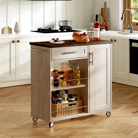 Chariot de cuisine mobile 90 x 62 x 90 cm avec tiroir, placard et roulettes DESVIAE (1/5)