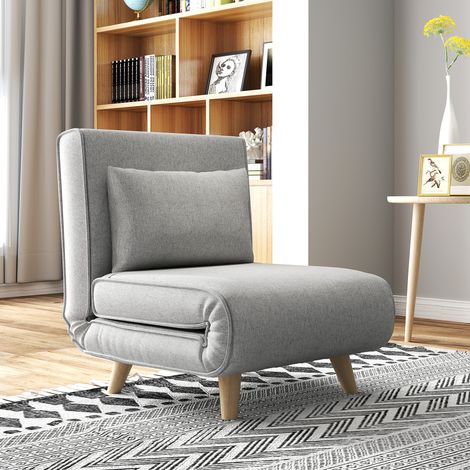 Fauteuil convertible, dossier réglable 6 positions, aspect lin, jusqu'à 150 kg, gris clair