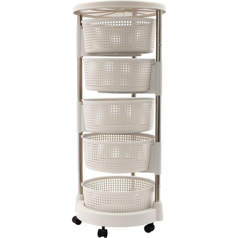 Chariot de rangement de cuisine mobile, étagère de rangement multifonctionnelle, chariot de courses à 5 niveaux + 5 roues universelles, panier grillagé rotatif à 360° (blanc) (1/5)