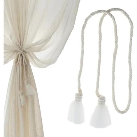 Paire d'embrasse-rideaux, embrasse en voile simple, cordon beige avec dentelle décorative