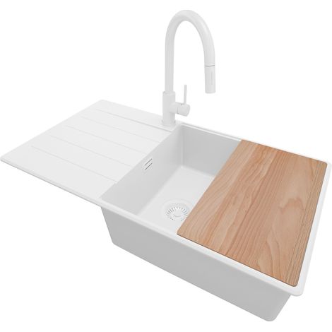 PRIMAGRAN Evier Cuisine en Granit 90x50cm, Lavabo 1 bac + Kit de Vidage + Accessoire, Évier à Encastrer au meuble 60cm - Copenhague, Tout Blanc (1/5)
