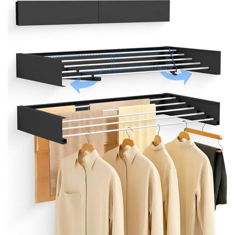 Étendoir à Linge Mural Rétractable 100 cm – Séchoir Pliable Mural pour Intérieur ou Extérieur – Étendoir Compact en Aluminium 30 kg de Capacité (Noir) (1/5)