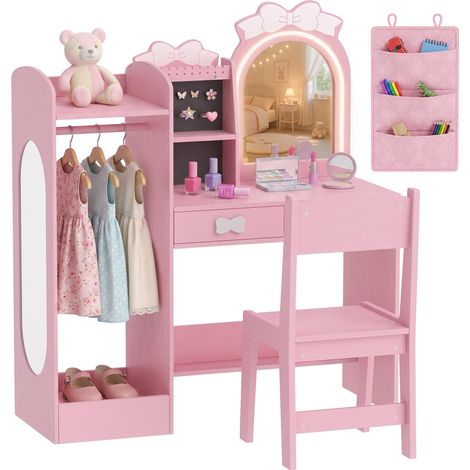 AIYAPLAY Kids Dressing Table with Stool, 2-Colour Lights Mirror, Pink (1/5)