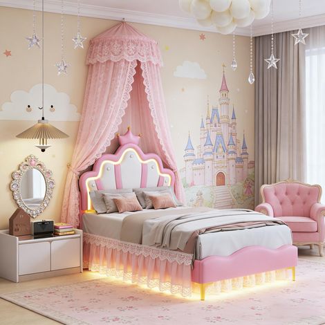 FOERPL-Lit pour Enfant 90x200 cm, Lit Rembourré 90x200 avec LED, Lits Princesse pour fille en Forme de Couronne avec Sommier à Lattes et Tête de Lits Réglable Cadre de Lit Capitonné