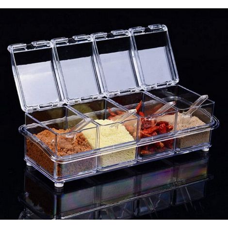 Clear - 4 Compartiments Assaisonnement Box Set Bocaux à Épices Sel Transparent, Bocaux à Épices Bocaux de Condiment de Cuisine avec 4 Cuillères Couvercles et Cuillères (1/5)