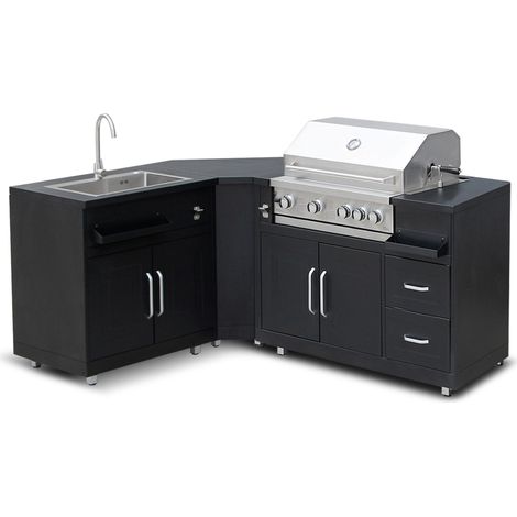 Cuisine extérieure en métal avec 3 modules évier et barbecue