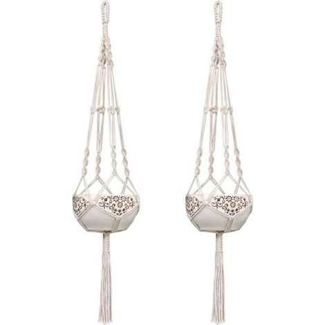 2 Paquets 105cm Blanc Crème Macramé Plante Suspension Corde Pot de Fleurs Suspendu Exterieur Interieur Solide Corde de Coton Pots Support pour Fleur Décoration Mural Balcon Jardin Style Bohême (1/5)