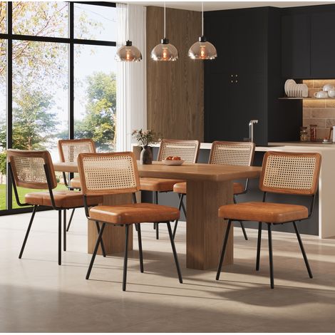Pack de 6 sillas de comedor en piel PU con respaldo de ratán, 61 x 46 x 79 cm, marrón HAVRYA (1/5)